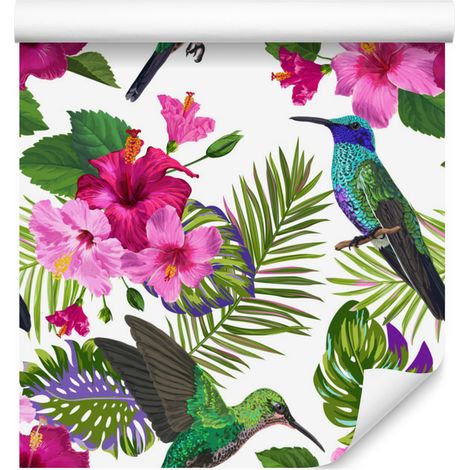 Papel pintado con colibríes, hojas y flores tropicales de colores, 50x1000 cm. (1/5)
