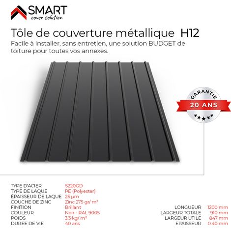 Tôle bac acier - Toiture - Couverture - Pack de 6 tôles H12 Coloris Noir Brillant RAL 9005 Dimensions 1200x906x0.40 mm (1/2)
