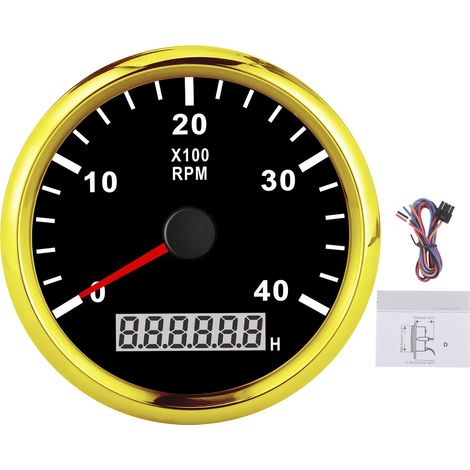 Compteur bateau pointu 85mm LCD numérique 4000 tr/min rétroéclairage rouge IP67 étanche 12V/24V cadran noir couvercle or (1/5)