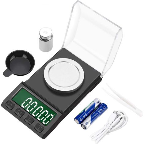 Balance de poche de précision, balance de précision 50 g/0,001 g pour bijoux, balance numérique portable avec écran LCD, poids d'étalonnage, pince à épiler, pile et câble USB inclus. (1/5)