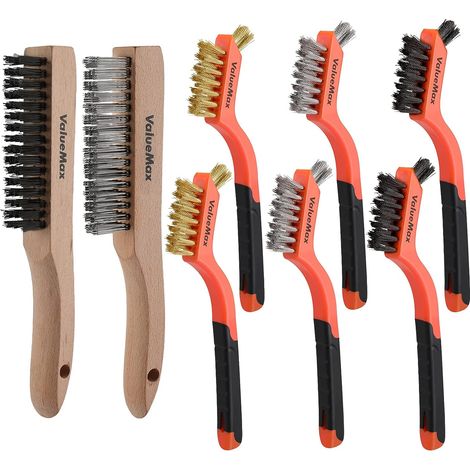 ValueMax Lot de 8 Brosses Métalliques en Acier Inoxydable/Laiton/Nylon avec Poignée Incurvée, Brosse à Gratter en Fil d'Acier Inoxydable Robuste avec Manche en Hêtre pour le Nettoyage de la Rouille, S