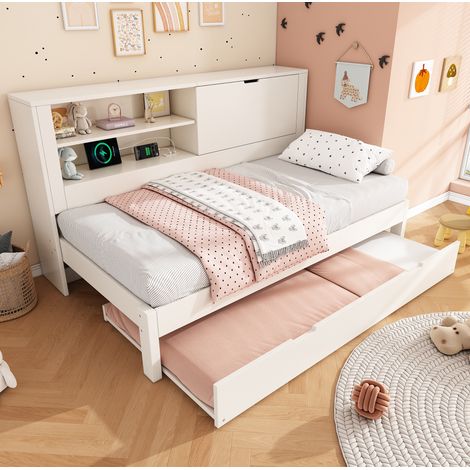 DESVIAE Lit banquette 90 x 200 cm avec lit gigogne 90 x 190 cm rangement dossier station de charge USB USB C blanc bois (1/5)