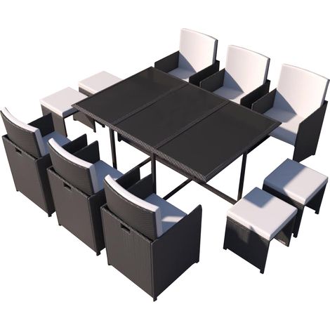 Concept-Usine – Ensemble table et chaises de jardin 10 places – Résine tressée noir et blanc – Table rectangulaire avec plateau en verre – Coussins déhoussables (1/5)