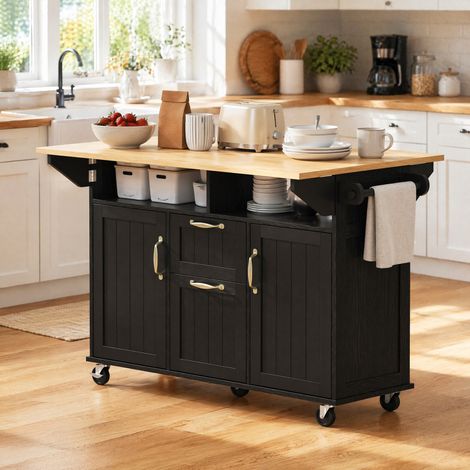 MODFU – Îlot cuisine pliant 120x40-60-80x92 cm – Plateaux rabattables – USB/USB-C – 5 roulettes – Noir/Naturel (1/5)