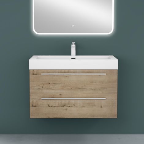 Mai & Mai Meuble de Salle de Bain Chêne Clair 90cm Meuble sous Vasque Quadratto Meuble Suspendu avec Vasque (1/5)
