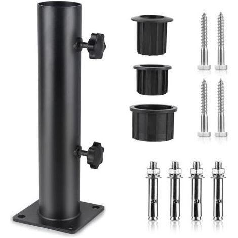 Pied Parasol, Tube de Parasol, Support Parasol Metal Réglable avec 3 Anneaux de Réduction en PVC (32/38/48mm), Tube pour Pied de Parasol avec 8 Clous en Acier, Noir (1/5)