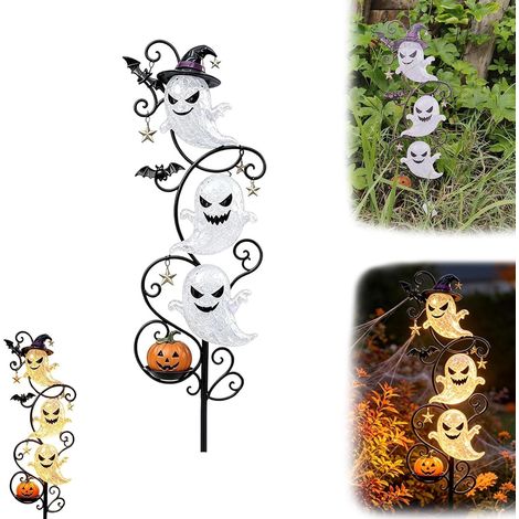 Piquets lumineux fantômes Halloween – Décoration LED à planter pour jardin, terrasse, allée et espaces extérieurs (1/5)