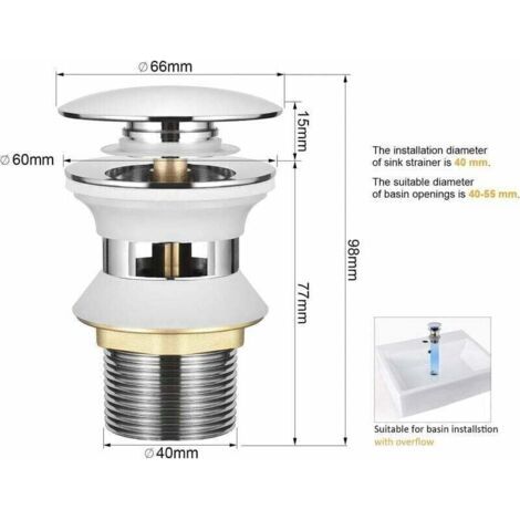 Bonde de lavabo universelle avec trop-plein automatique à ouverture par bouton-poussoir, raccord de 1-1/4 pouce, en laiton chromé. (1/3)