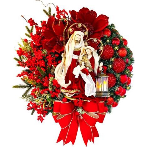 Weihnachtskranz für die Haustür mit roten Dekokugeln und Blumenmotiv (1/5)
