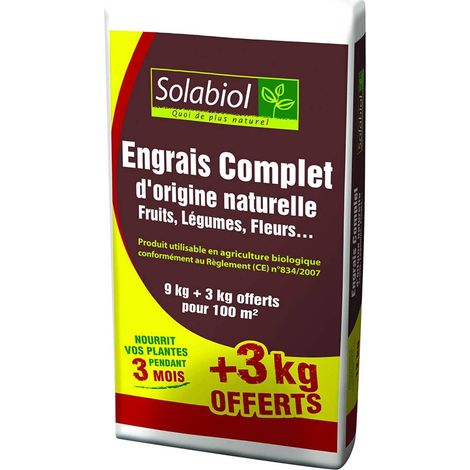 Engrais complet en mini-granulés 9kg + 3kg offerts – Double action starter et durable – Utilisable en agriculture biologique – Pour potager et gazon – Solabiol (1/2)