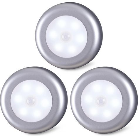 Lot de 3 Lampes à Détecteur de Mouvement pour L’Intérieur, à Coller, Fonctionnement à Piles, Lumière LED pour Armoire, Escaliers, Placard, Cuisine, Argenté, Blanc Froid (1/5)