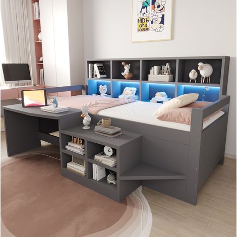 Cama altillo 90x200 cm - Con escritorio, almacenajes, LED, USB y toma de corriente - En madera - Gris