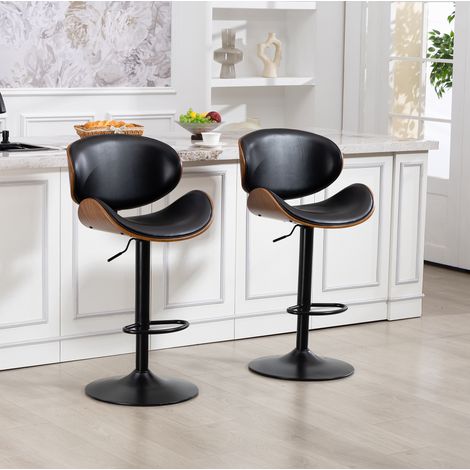 Lot de 2 tabourets de bar pivotants à 360° avec assise en PU, dossier ergonomique et repose-pieds, réglables en hauteur, noir (1/5)