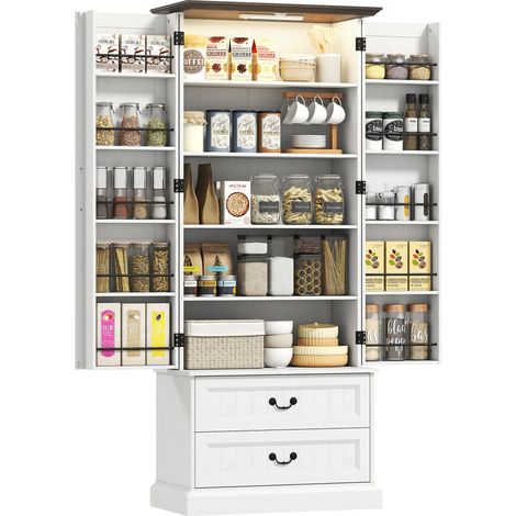 Hohes Küchen-Sideboard, Küchenschrank, LED-Sensorbeleuchtung, 2 Türen, verstellbare Schubladen und Einlegeböden, 76 x 39,5 x 183 cm, weiß