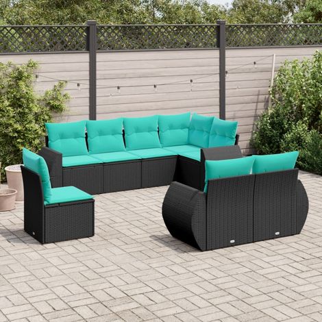 Salon de jardin 8 pièces en résine tressée noir avec coussins bleus modulable extérieur - PANGIVO (1/5)