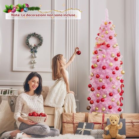 Sapin de Noël rose artificiel 180 cm effet crayon avec 250 LED blanc froid et pied métallique stable pour salon, entrée et fêtes (1/5)