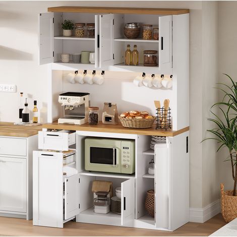 Buffet cuisine 120x40x182 cm en MDF blanc et naturel, LED, prises, rangement pour cuisine – MEUBLIV (1/5)