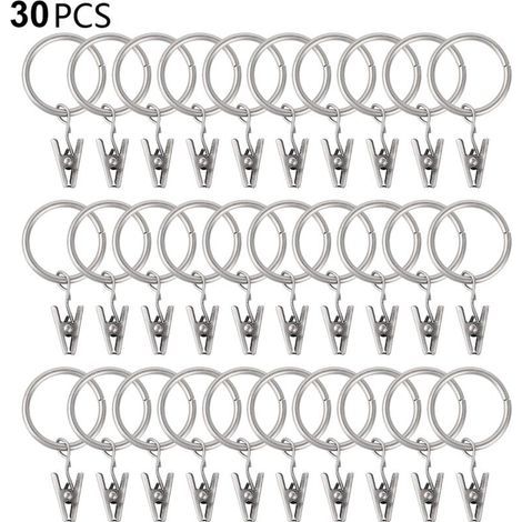 30 anneaux de rideau PCS avec pinces, pinces à draperie solides, crochets sur support de tige de tension, diamètre intérieur oeillets en métal rideaux décoratifs cintres de fenêtre, argent (1/4)