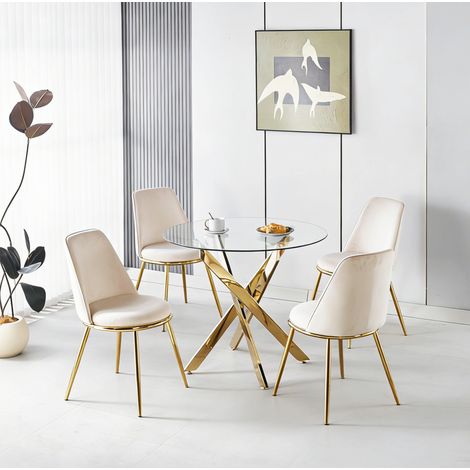 5-teiliges Tisch- und Stuhlset, runder Glastisch 80 cm, 4 cremefarbene Samtstühle HAVRYA (1/5)