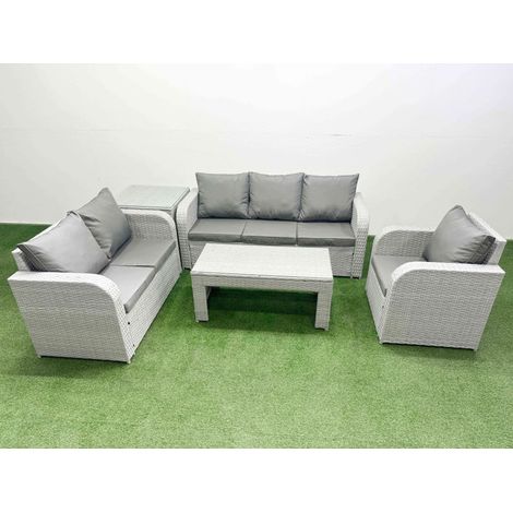 Fimous Patio PE Wicker 6 Seater Outdoor Rattan Furniture Sofa Sets with Oblong Coffee Table Reclining Chair Loveseat Sofa 3 Seater Sofa Side Table Light Grey (1/4)