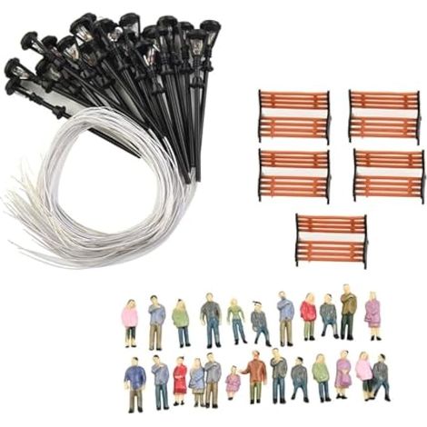 Lot de 49 figurines peintes à l'échelle HO OO, Bancs et lampadaires pour décor de paysage ferroviaire, 24 figurines peintes, 5 bancs, 20 lampadaires (1/5)