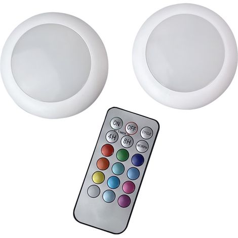 Lot 2 spots LED Blanc 0.2, 20 lumens, multicouleurs RVB, à pile et télécommande, aimant à coller - Tibelec (1/5)