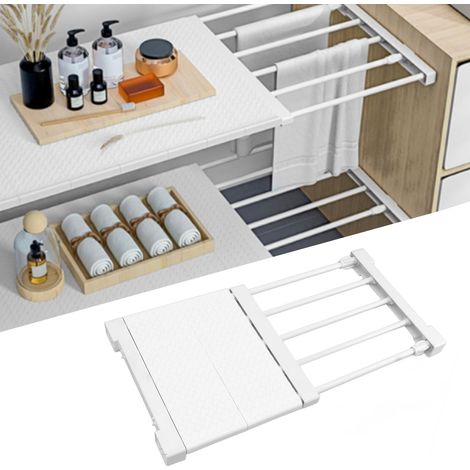 Armoire, meuble à chaussures ou étagère de rangement télescopique sans clous, en rotin blanc, avec étagères de 30 à 40 cm de long. (1/5)