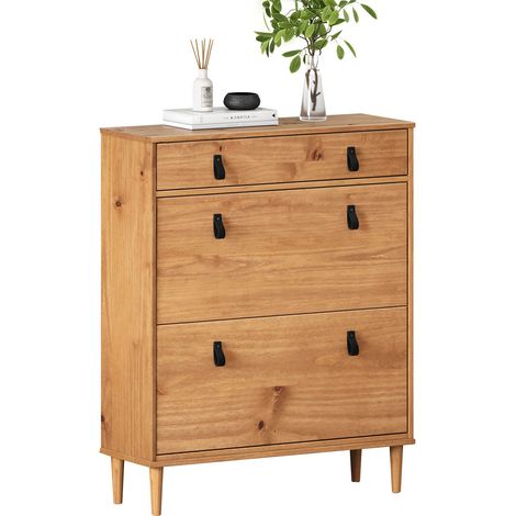 Idimex – Meuble à chaussures 2 abattants 1 tiroir – Capacité 16 paires – Pin massif lasuré chêne – Style scandinave moderne (1/5)