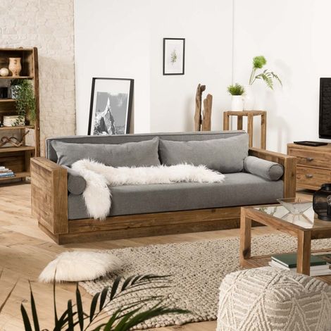 Macabane – Canapé droit 3 places en pin recyclé marron – Tissu polyester gris – Dimensions 224 x 81,5 x 80 cm – Meuble monté (1/5)