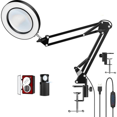 Lampe de bureau à LED 10x avec pince, loupe mains libres avec lumière 72 LED, 3 modes de couleur à intensité variable, comprend deux loupes de bijoutier 30x 45x pour travaux de rapprochement (1/5)