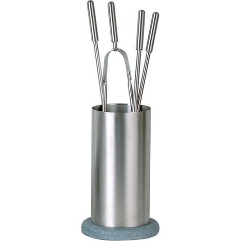 Porta attrezzi camino acciaio inox base pietra 4 accessori h.63 d. 20 cm.  Made in Italy