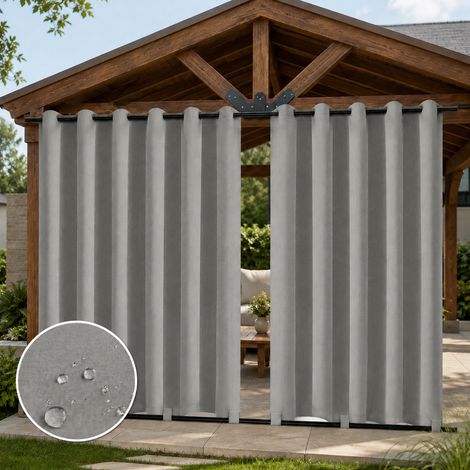 Rideau Extérieur avec Oeillet, Passants en Bas, Résistant aux Intempéries, Gris Clair 132x213cm, Imperméable Polyester, Lavable Machine (1/5)