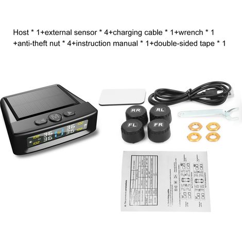 Système TPMS T12 Solaire 4 Capteurs Externes ABS Noir Alarme Vocale Pression Pneus Voiture SUV (1/4)