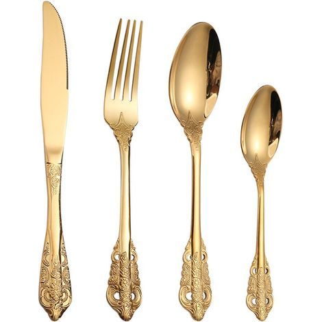 Ensemble de couverts 4 pièces - Fourchette - Cuillère - Couteau - Cuillère à café - Acier inoxydable - Doré (1/5)