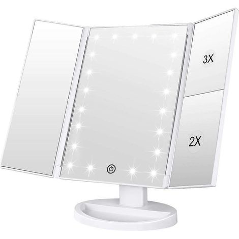 Miroir de maquillage, miroir de coiffeuse pliable en trois parties (1x/2x/3x) avec 21 lumières LED et miroirs tactiles réglables (blanc) (1/4)