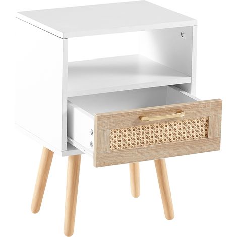 Table de chevet, avec tiroirs, détails en rotin, 40 x 30 x 55 cm, bois massif et rotin, bois naturel (1/5)
