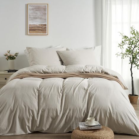 Housse de Couette 240 x 260 Beige avec Fermeture Éclair, Microfibre Polyester Ultra Douce Pré-lavée,Toucher Coton, Parure de Lit-Housse de Couette 240x260 + 2 Taies d’Oreiller 65x65 (1/5)