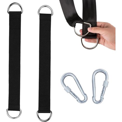 Sangle d’Attache pour balançoire 2 pièces avec mousquetons et Anneaux en D, kit de Fixation Arbre 200 kg, Sangles Polyester réglables pour balançoire hamac extérieur Jardin terrasse (1/5)