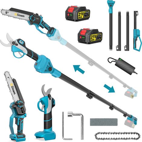 Secateur Electrique sans Fil avec 2.4M Perche,48mm Ouverture de Ciseaux Electrique, 2 X 4.0Ah Batteries Elagueuse sur Perche, Sécateur pour Arbres, Moteur sans Balai Outil Jardinage