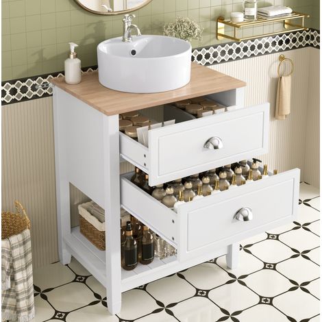 Mobile bagno con lavabo 60x45x91 cm in MDF bianco effetto legno, 2 cassetti – MEUBLIV (1/5)