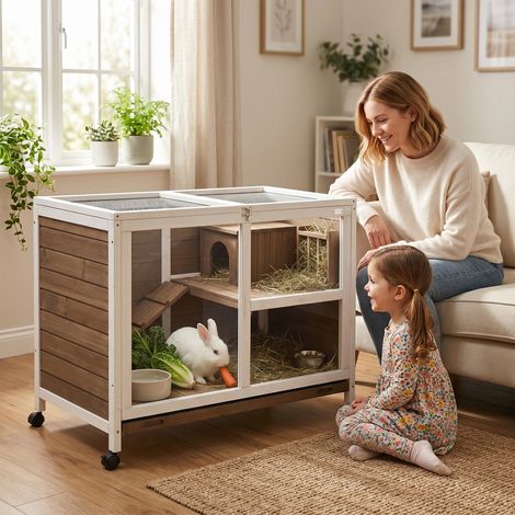 Cage à lapin clapier sur roulettes petit enclos animaux en bois massif 2 étages toit ouvrant 91,5 x 53,3 x 73 cm marron (1/5)