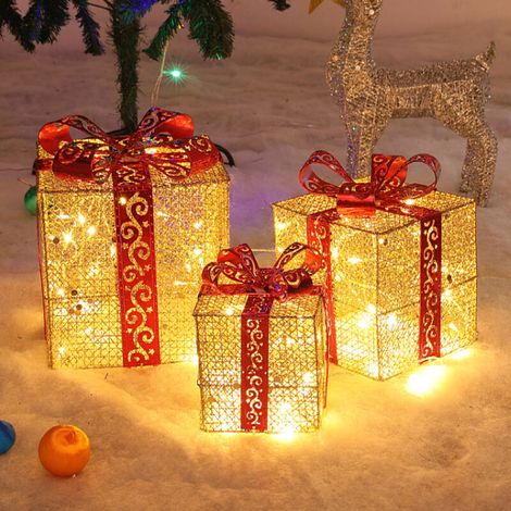 Paquet de 3 boîtes cadeaux de noël, fournitures de décoration de scène de vacances enveloppées de fil de soie, ornement de noël, doré, USB (1/3)