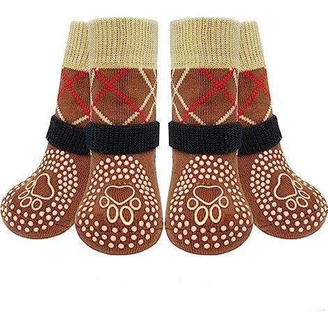 Chaussettes marron pour animaux de compagnie, taille S (petit, 5,514CM), lot de 4, chaussettes antidérapantes pour chiens. (1/5)