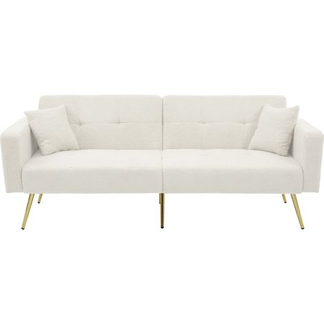 Sofá cama convertible blanco con patas doradas, cojines y bolsillos laterales (1/5)