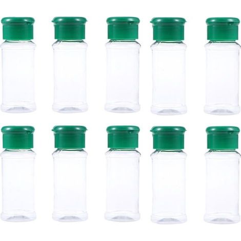 Set mit 10 Gewürzflaschen aus Kunststoff für Gewürze, Pfefferstreuer, Salzstreuer, Würzmittel und Grillzubehör (1/5)