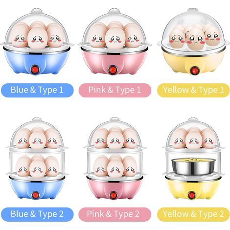[Olla eléctrica para huevos] Doble tiempo de cocción, protección contra quemaduras, capacidad para 14 huevos, con recipiente para verduras de acero inoxidable de 40 ml y PP rosa transparente. (1/4)
