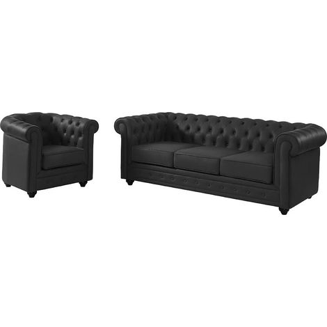 Canapé 3 places et fauteuil en cuir de buffle CHESTERFIELD - Noir (1/4)