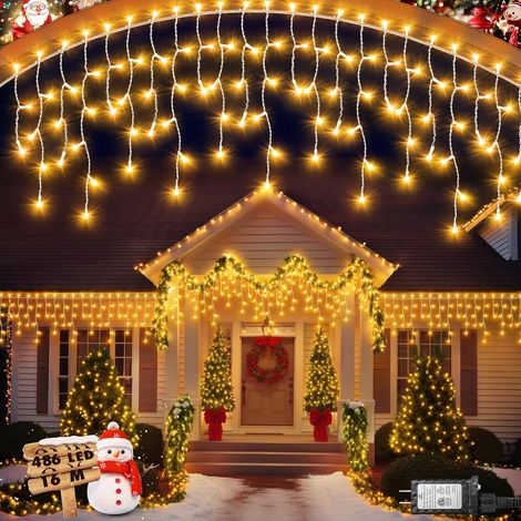 Eisregen Lichterkette Außen, 486 LED-Weihnachtslicht für draußen, Timer & Speicher, Plug in 8 Modi Hanging Fairy Light mit 108 Tropfen für Haus Traufe Hof Patio (Warmweiß, 16m-486LED) (1/5)