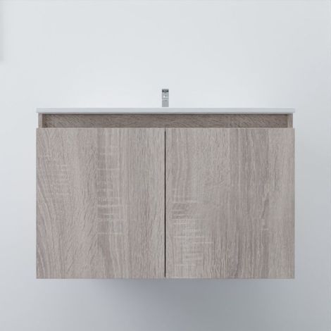 Meuble salle de bain suspendu 80 cm PROLINE- Bois- Plan vasque en Céramique (1/5)