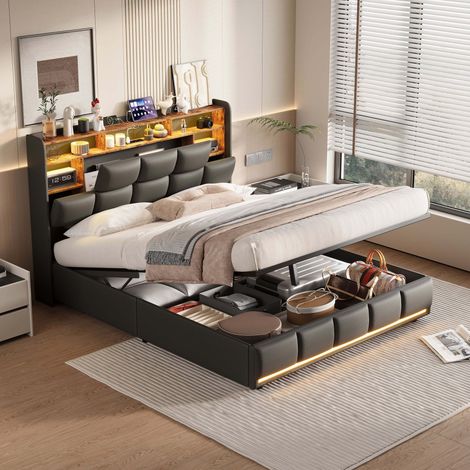 BSMGSGN-Lit Coffre 160x200 cm avec LED, Rangement Hydraulique et Sommier à Lattes, Tête de Lit Rembourrée avec Étagères, Cadre de Lit Double en PU Noir, sans Matelas (1/3)
